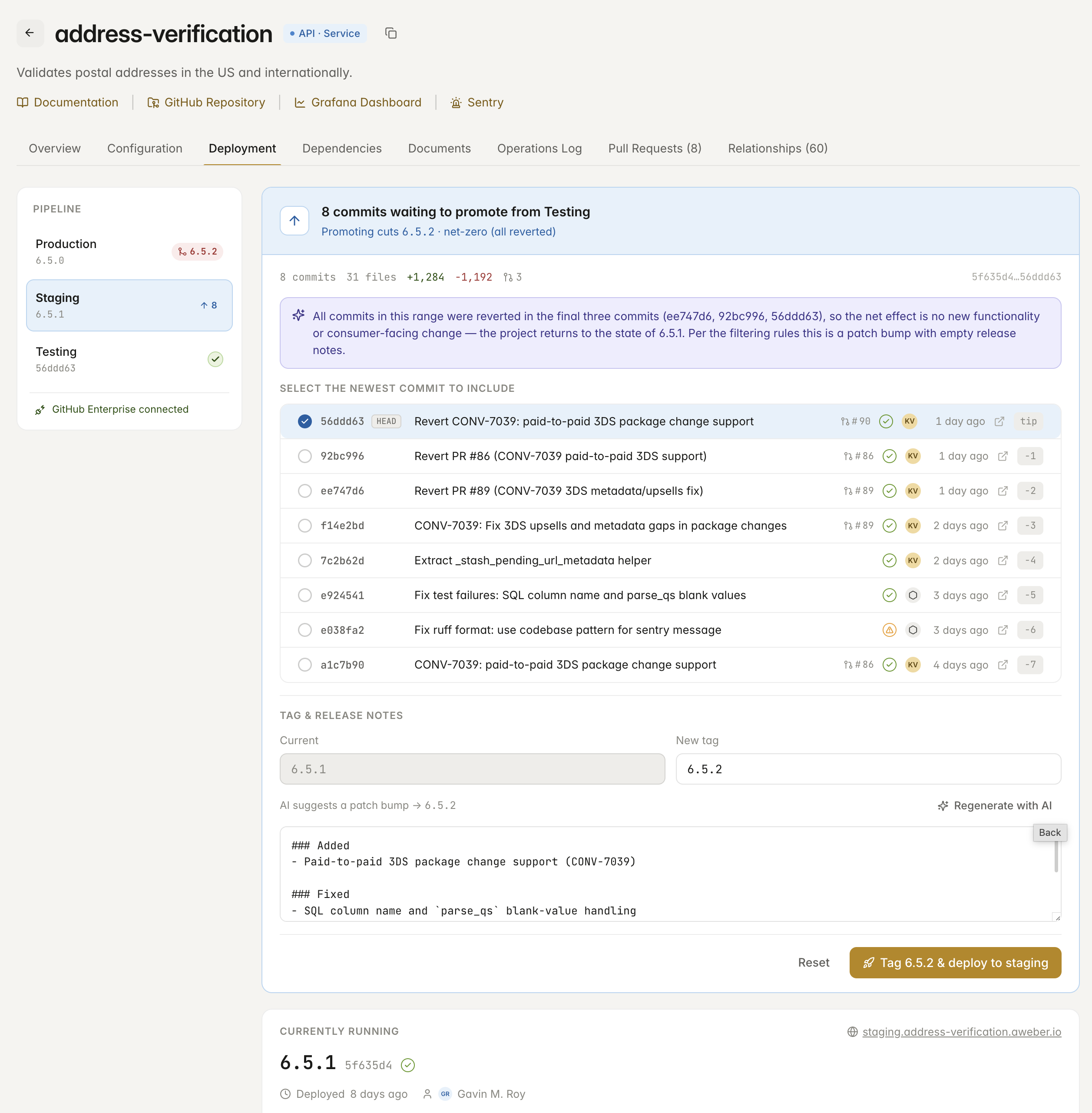 A release waiting to go live to production, with release notes, the currently running version, and recent releases ready to roll back