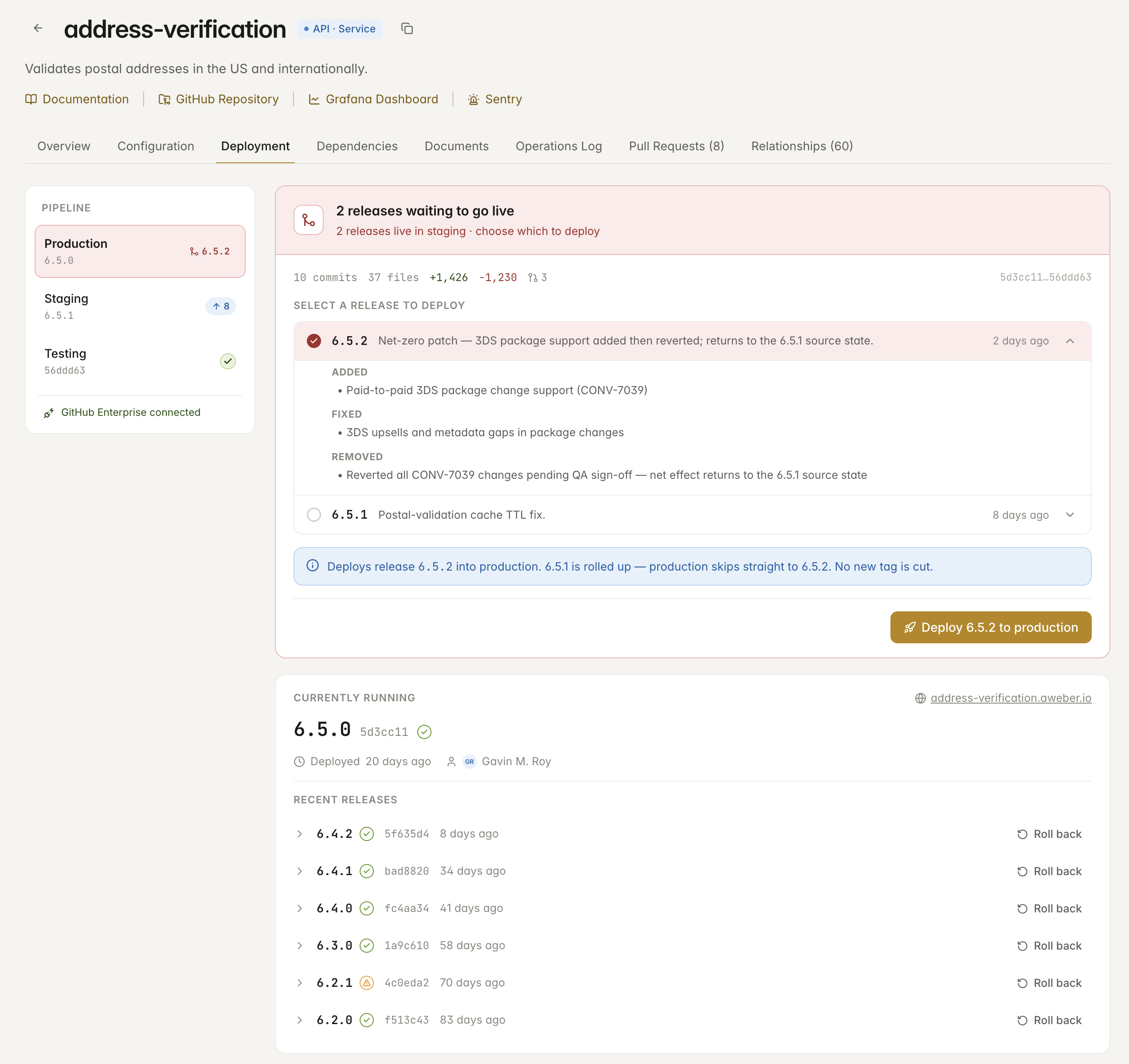 Choosing which staged release to deploy to production, with categorized release notes and rollback history