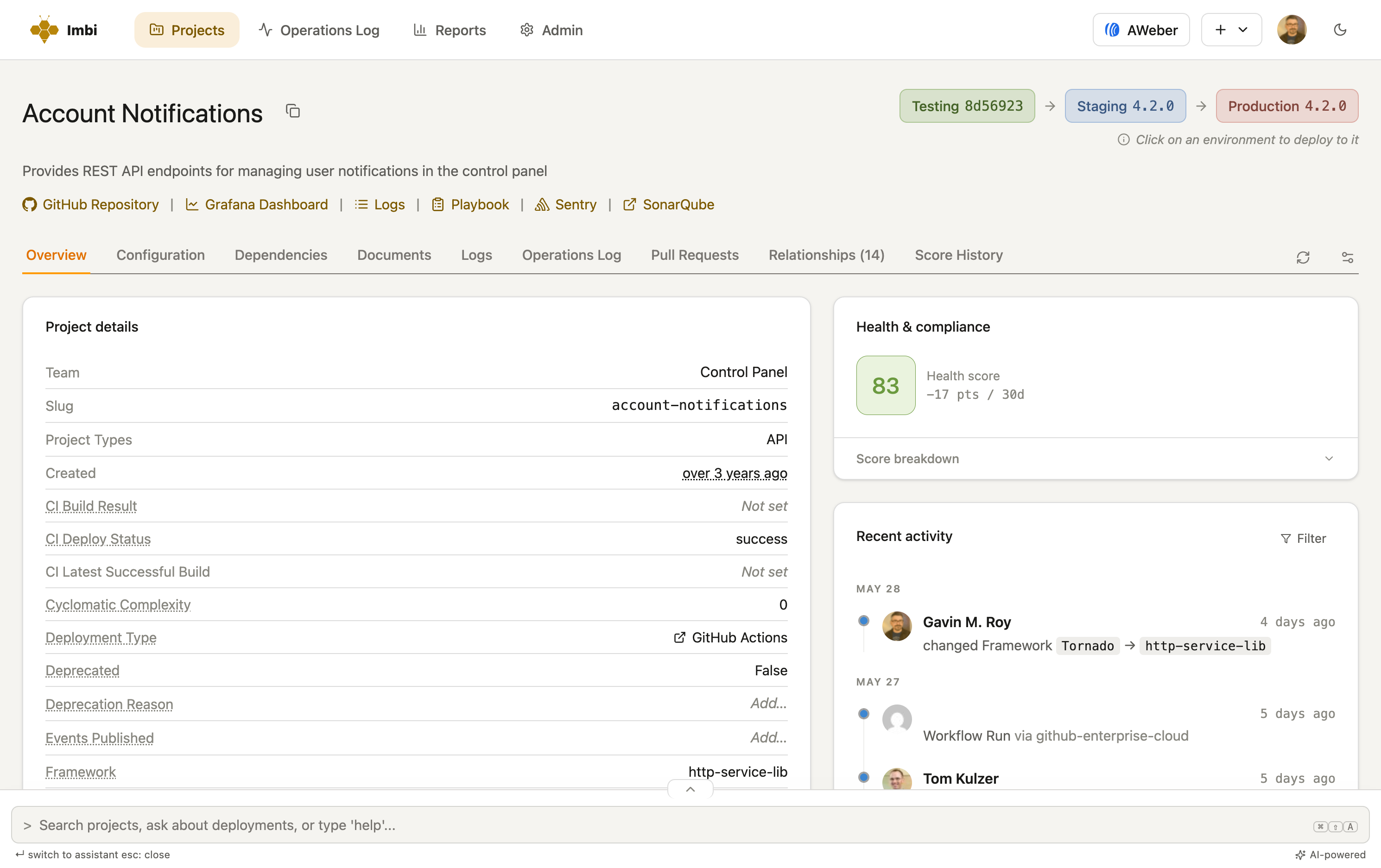 An Imbi project page — ownership, metadata, dependencies, and health in one record